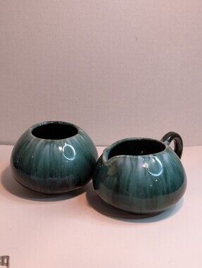 Vintage BMP Blue Mountain Pottery Green Drip Glaze Creamer and Sugar Set